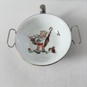 Vintage Germany Childs Baby Porcelain Warmer Warming Dish Bowl Girl Basket
